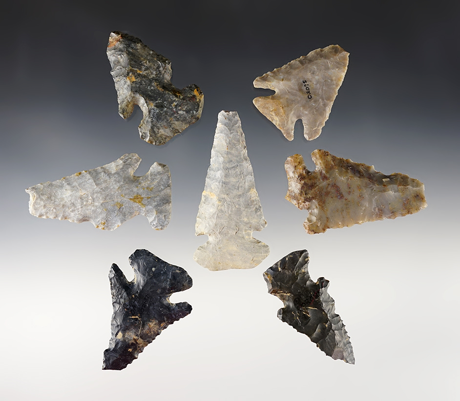 Set of 7 restorable Ohio Archaic points. The largest is 2 15/16".