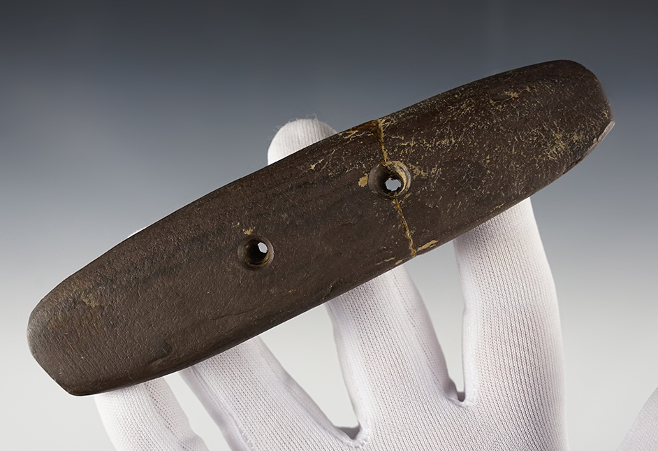 Large 5 7/8" Gorget - broken and glued at one hole. Found in Hardin Co., Ohio. Ex. Dr. Meuser.