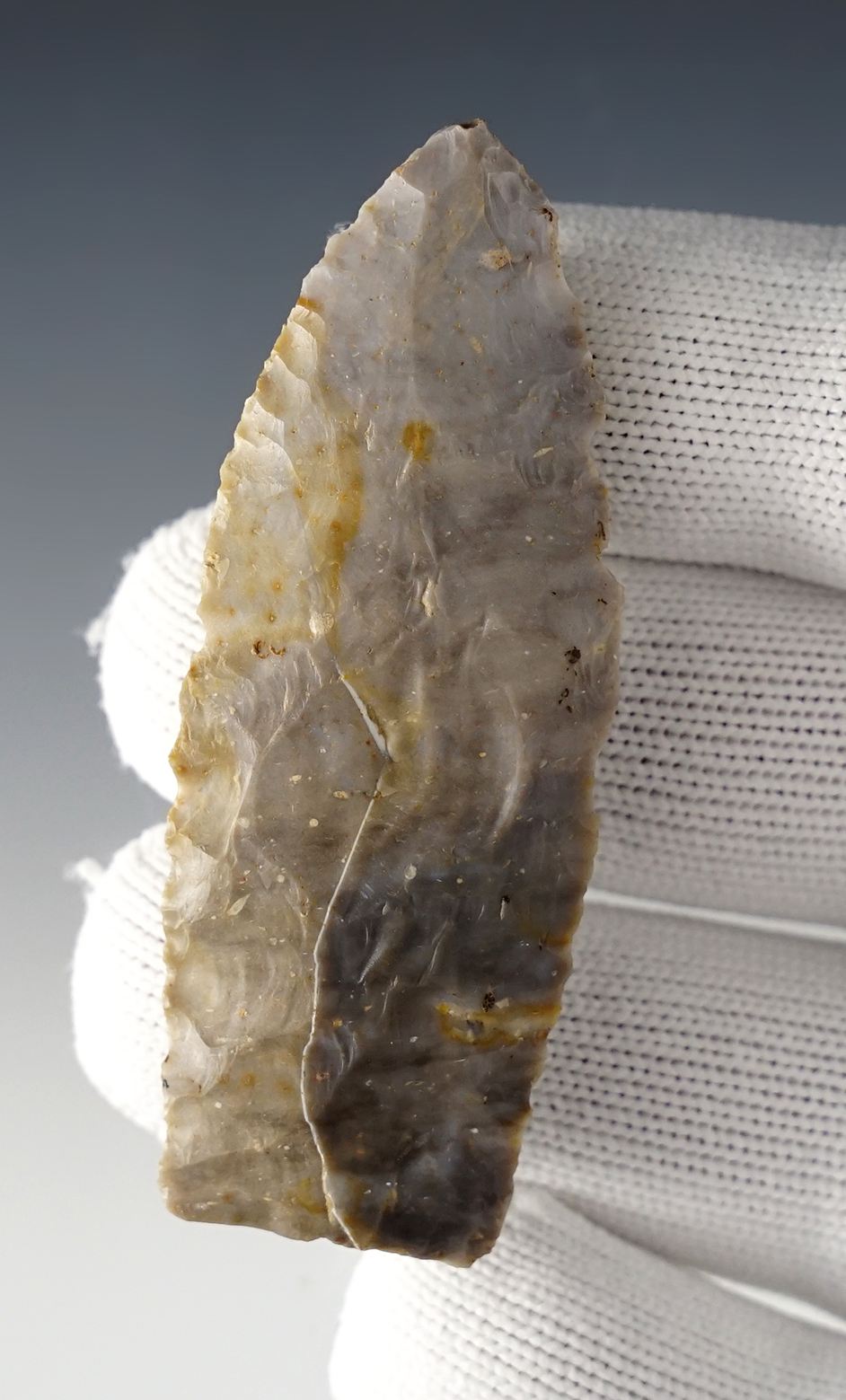 2 9/16" Paleo Lanceolate with a flat base that is heavily ground. Found in Ohio. Ex. Stambaugh.