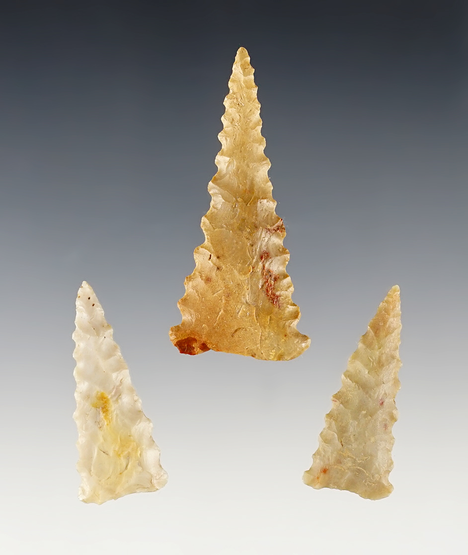 Set of 3 rare serrated Ft. Ancient Triangle Points. Nice workmanship on all 3. Southern Ohio.