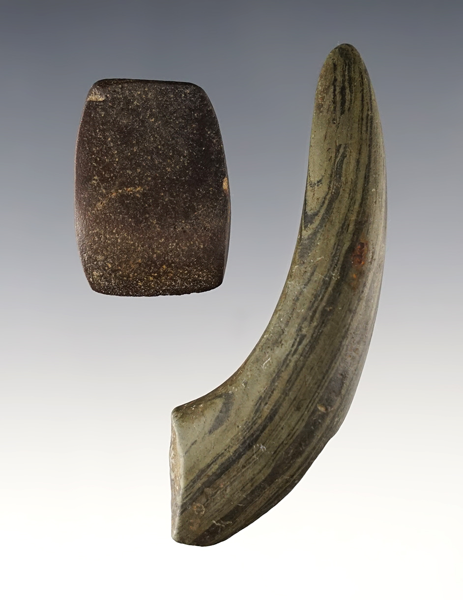 Pair of Ohio artifacts including a Hematite Celt and a 2" anciently salvaged Geniculate. Pictured.