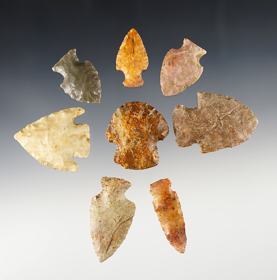 Set of 8 assorted and colorful Points found in Osborne Co., Kansas. The largest is 1 7/8".