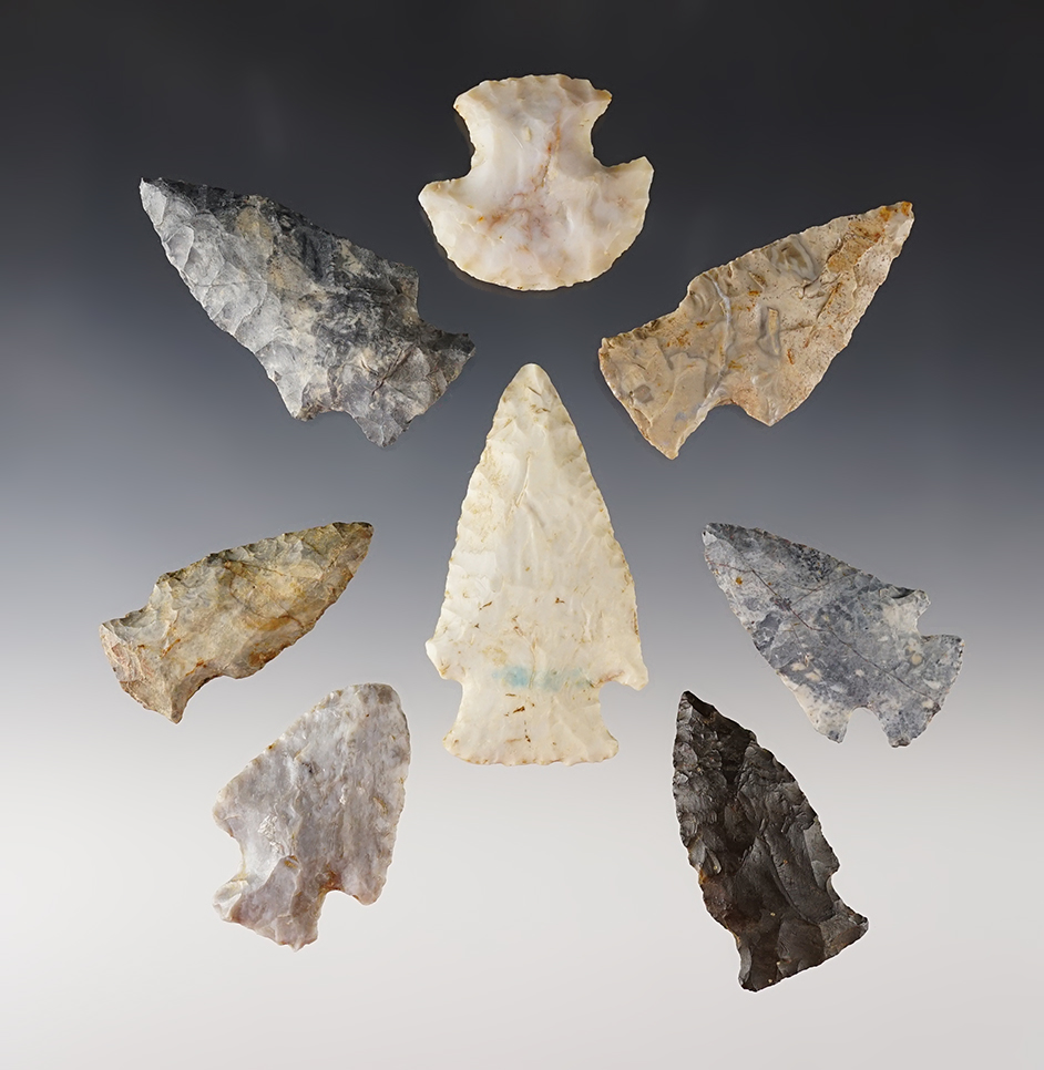 Set of 8 assorted Ohio Points in good condition. The largest is 2 5/8".