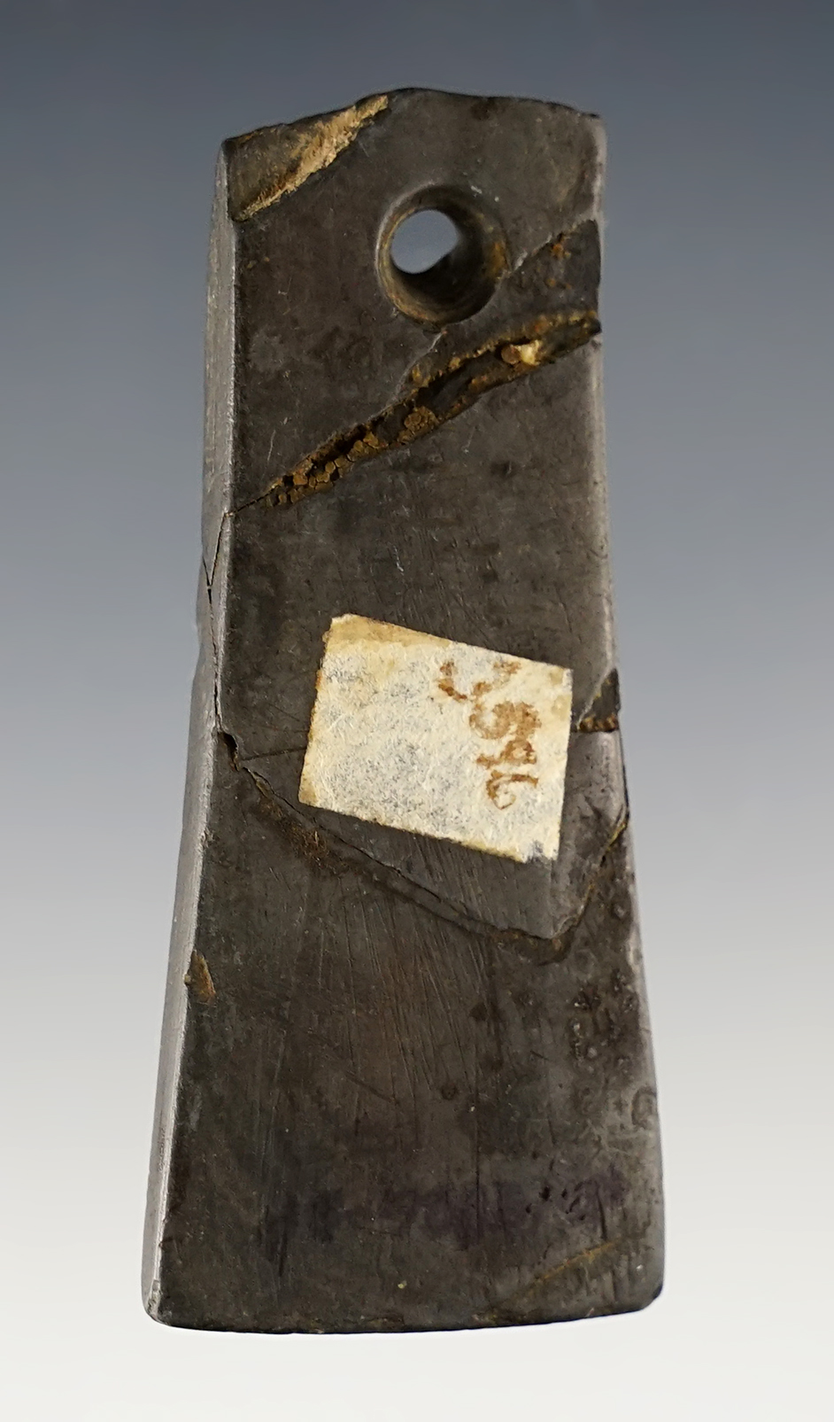 2 9/16" Anciently salvaged Pendant - Delaware Co., Ohio on the Frazer Farm. Glued. Ex. Copeland.