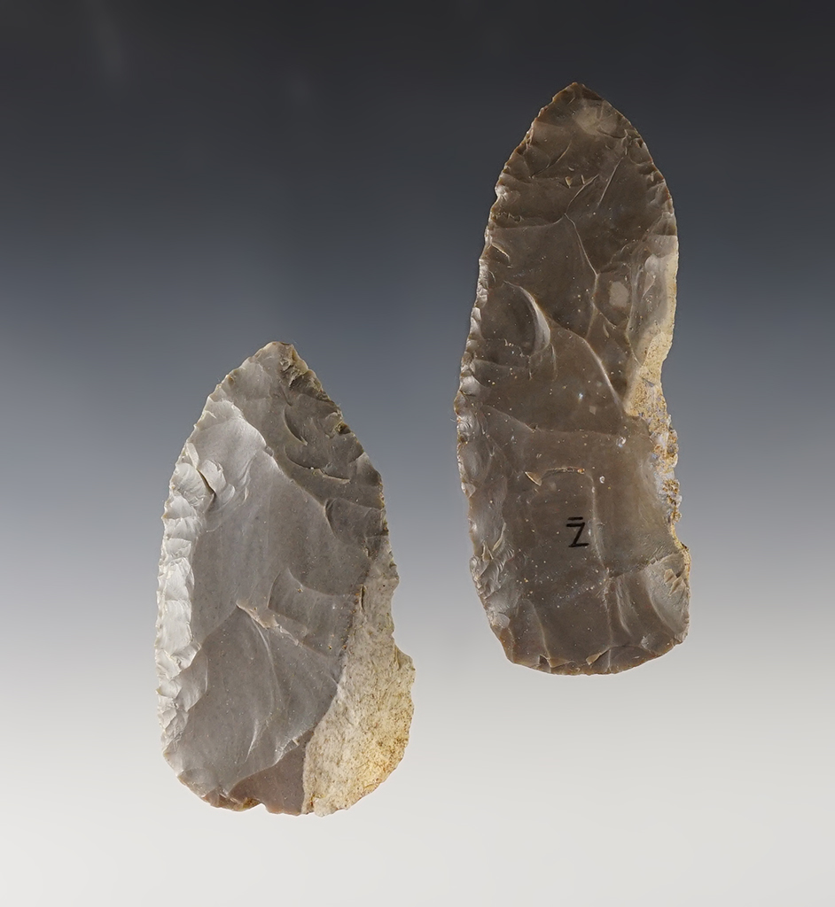 Pair of nice Paleo Knives found in the Ohio/Kentucky area. Both are made from Hornstone.