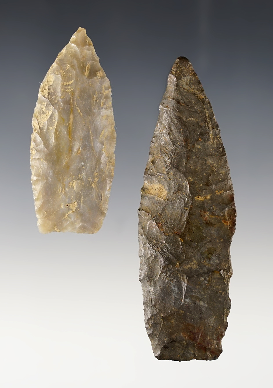 Pair of Ohio Paleo Lanceolate Points. One is marked "Akron". Both are Ex. William Tiell. 