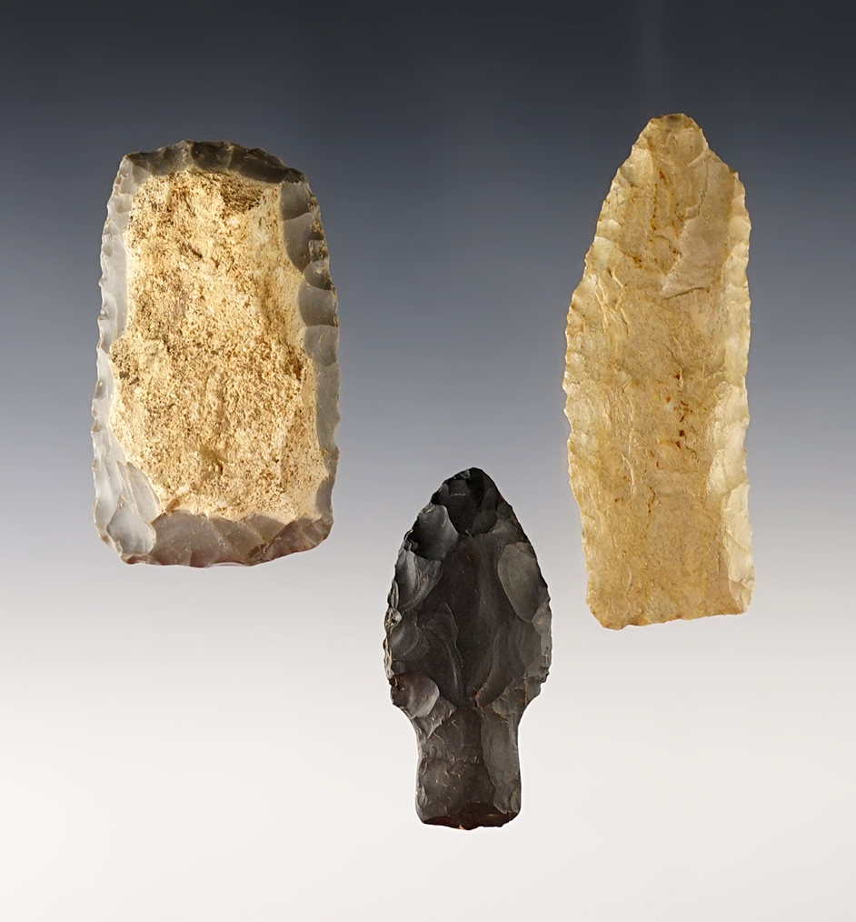 Set of 3 Paleo artifacts found in Ohio. The largest is 2 5/8".