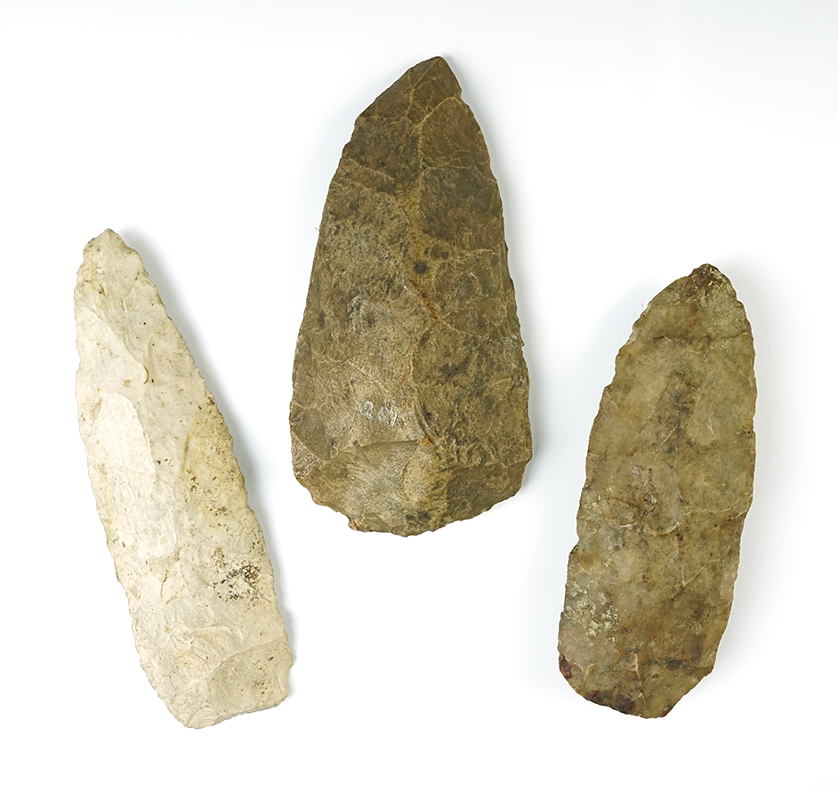 Set of 3 flint artifacts including 2 large Blades and 1 Hoe. Found in the Midwestern U.S. 