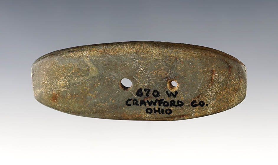 Well made 3 1/4" Gorget in excellent condition. Found in Crawford Co., Ohio. Ex. Wehrle (#670W)