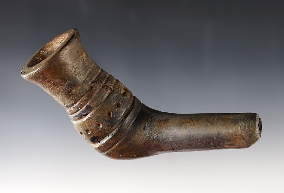 3 3/4" x 2 3/4" clay pipe. Moderate restoration. Recovered in New York. Ex. Iron Horse collection.