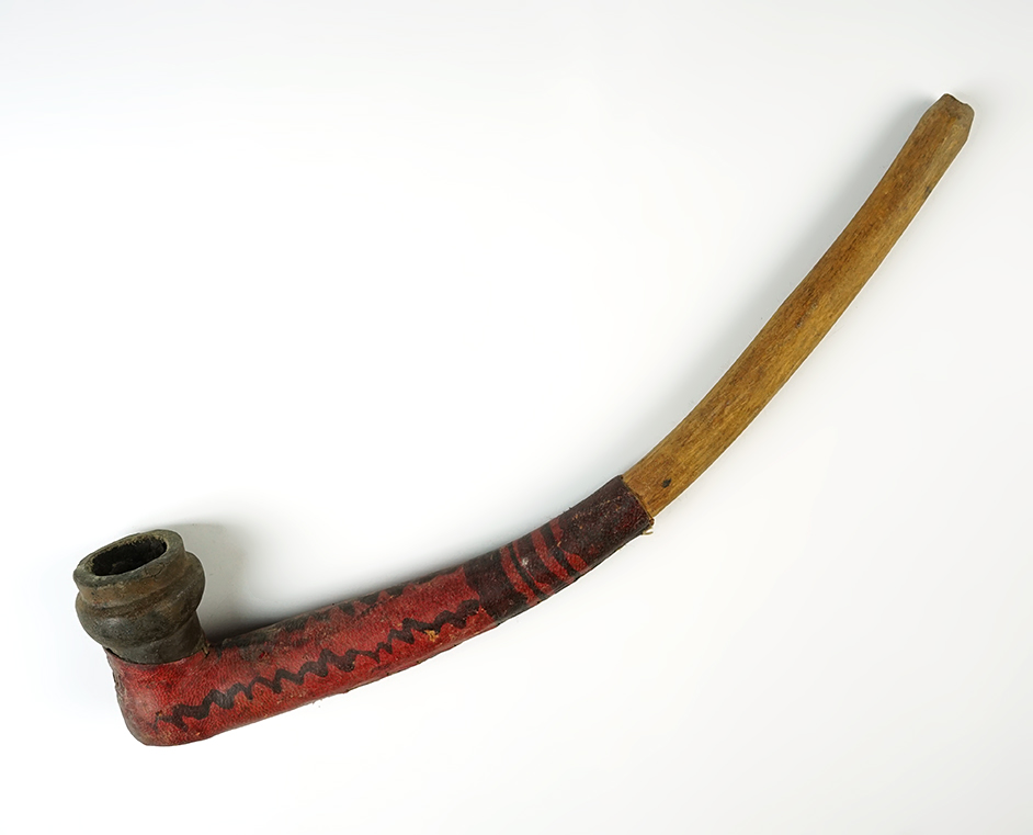  10 1/2" Arabic wood and painted leather vintage pipe. 