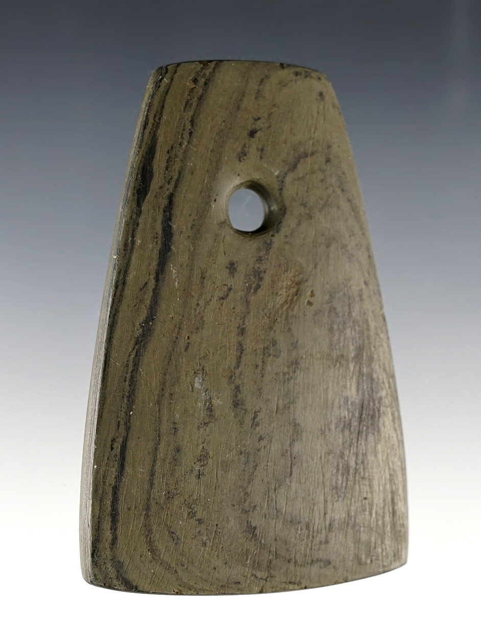 3 5/16" x 2 3/16" finely made Banded Slate Bell Pendant found in Warren Co., Ohio. 