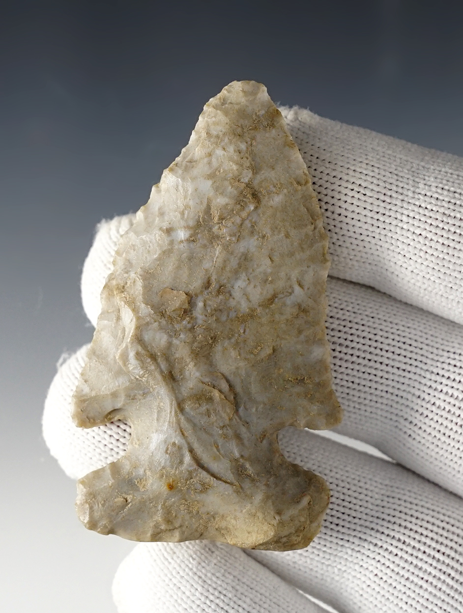 2 1/2" classic Archaic Thebes found in Indiana. Made from Indiana Green (Attica Chert). 