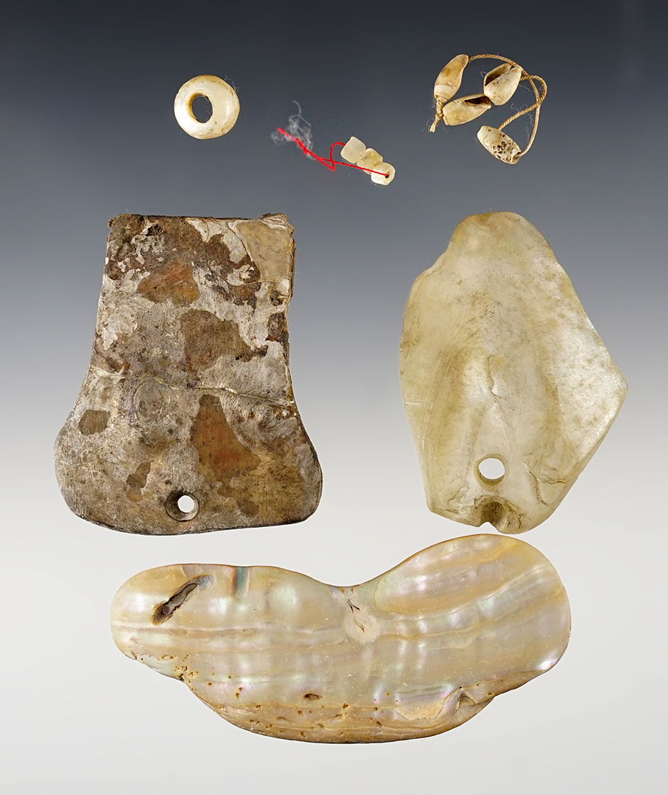 Set of Abalone Shell Pendants & Beads found in the Western U.S. The largest is 3 1/8".