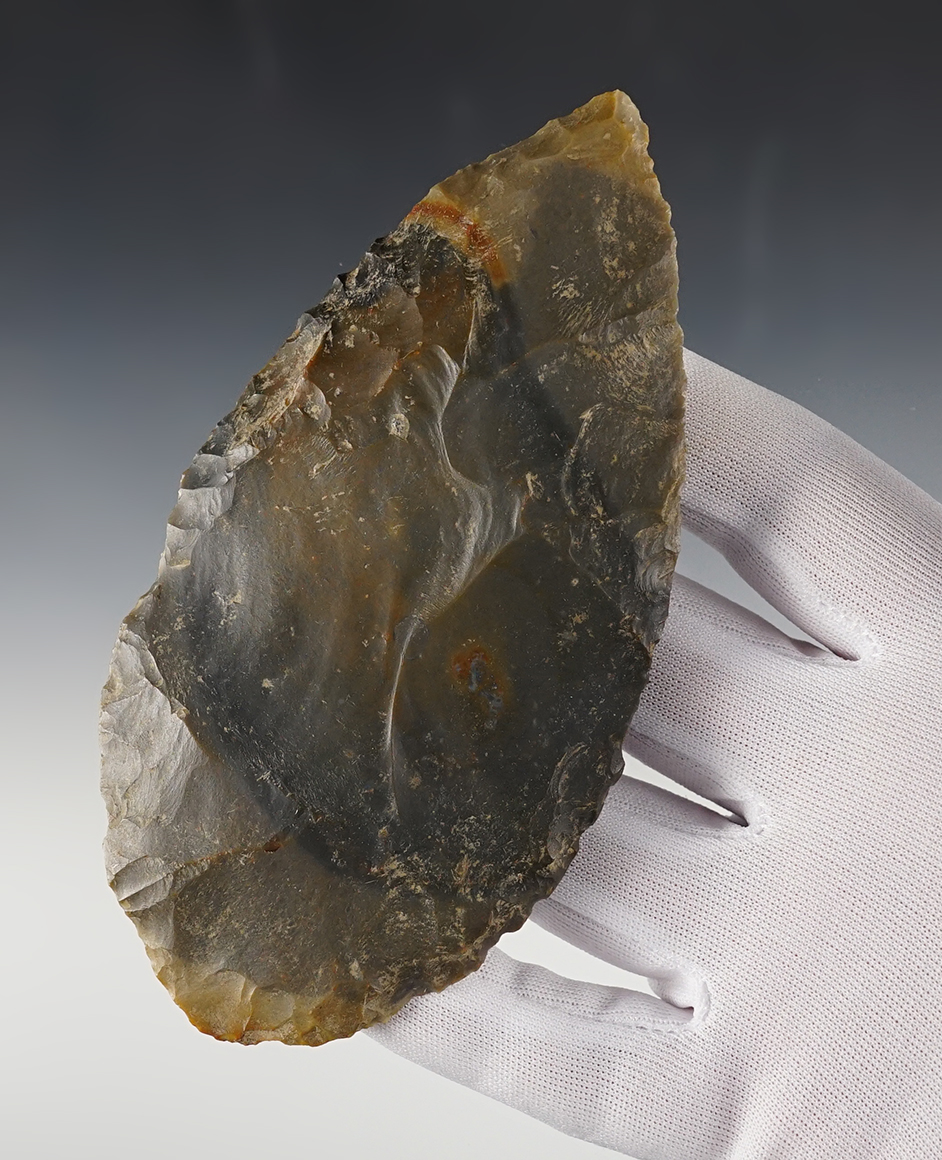 Large 5 1/4" Leaf-Shaped Blade that is well patinated. Found in Logan Co., Ohio. Ex. Len Weidner.