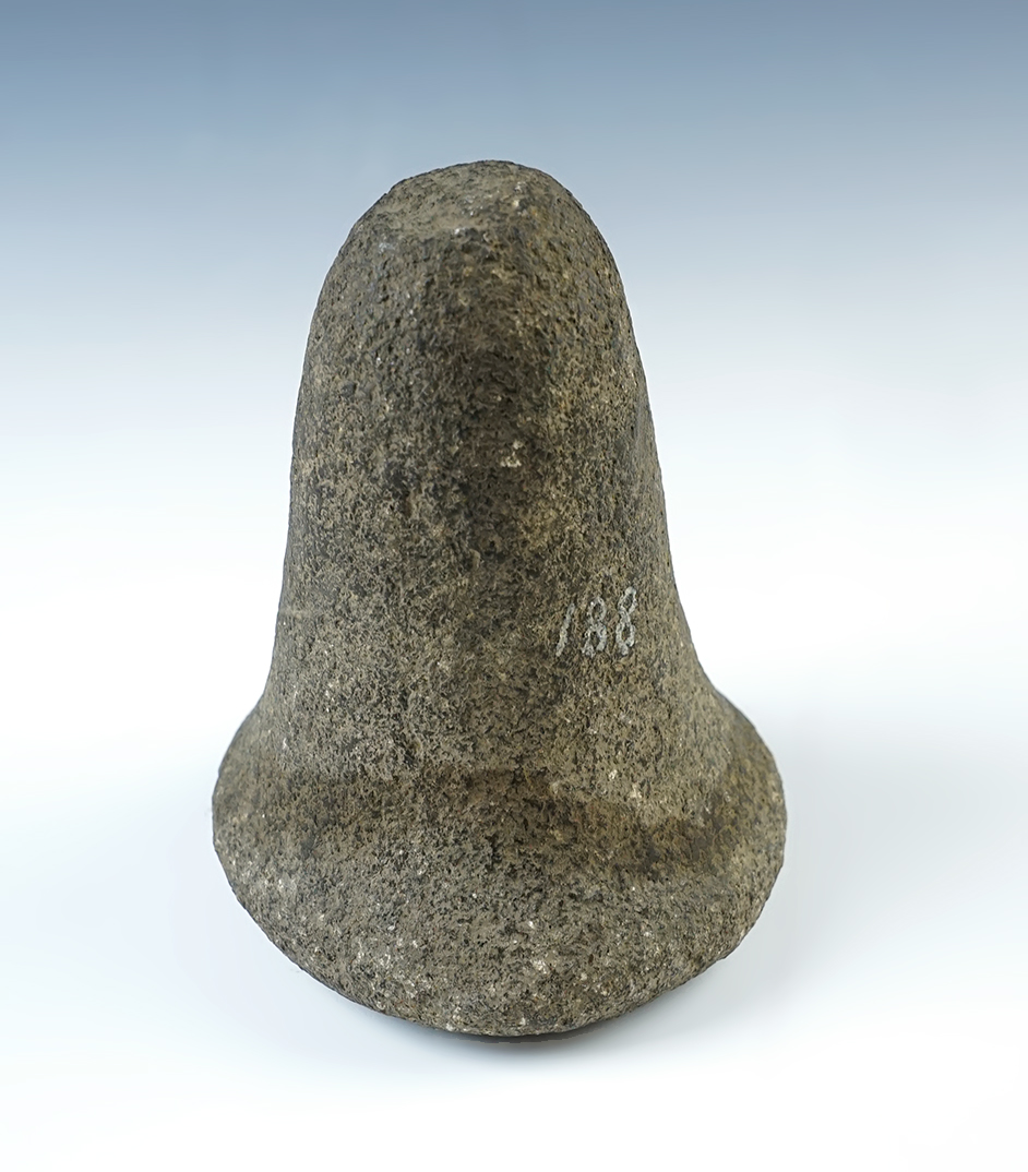 4 5/8" Bell Pestle that is nicely shaped with a nutting divot on base. Recovered in Ohio.