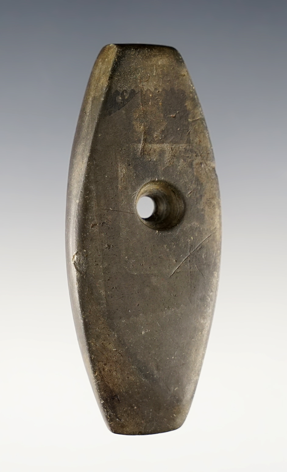 Fine 2 3/4" Coffin-shaped Pendant - Portage Co., Ohio. Well polished Slate. Ex. Heath, Root.