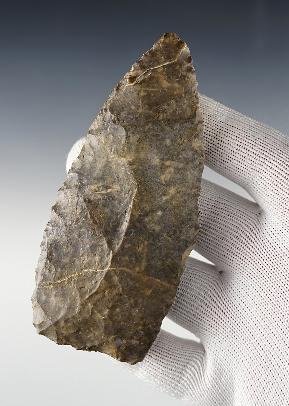 4 1/4" Paleo Knife found in Wood Co., Ohio. Made from well patinated Coshocton Flint. 