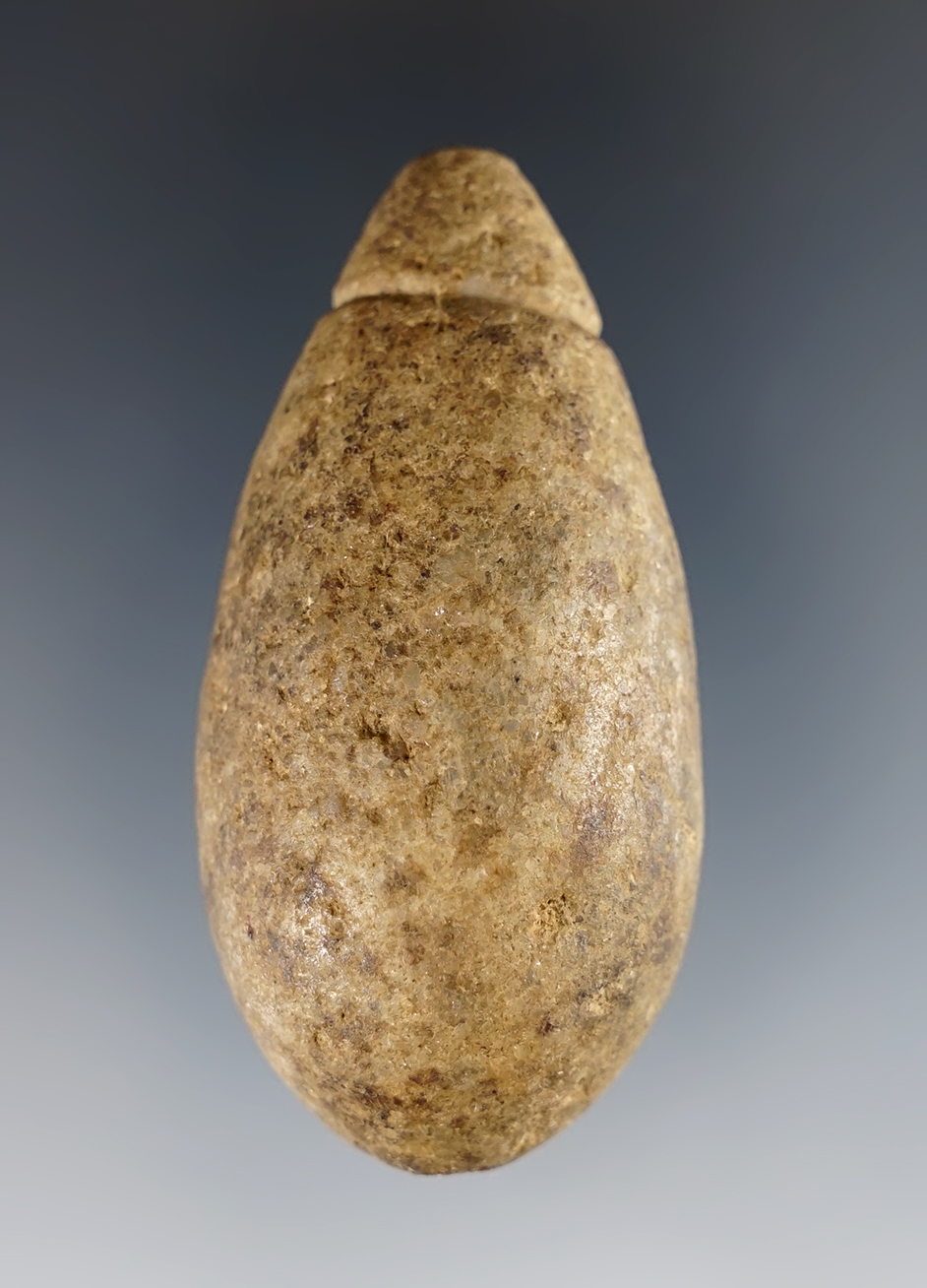 2 9/16" Grooved Hardstone Plummet that is nicely smoothed. Found in Ohio. 