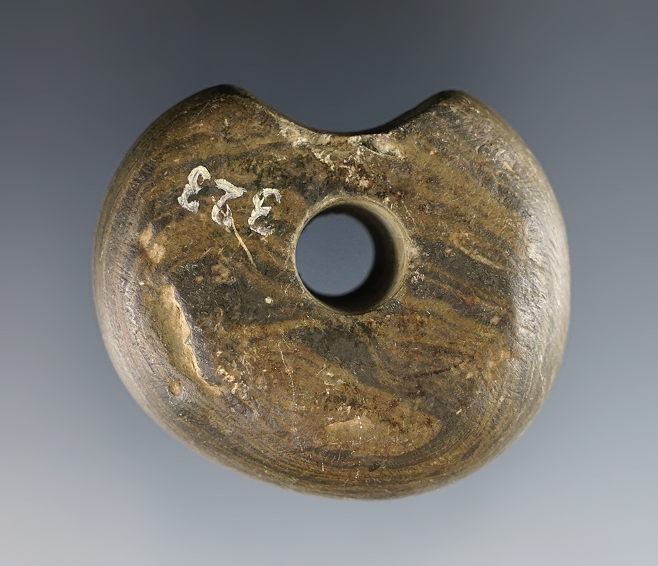 1 7/8" Fluted Ball Bannerstone with a very unique style. Made from banded Glacial Slate. Ohio.