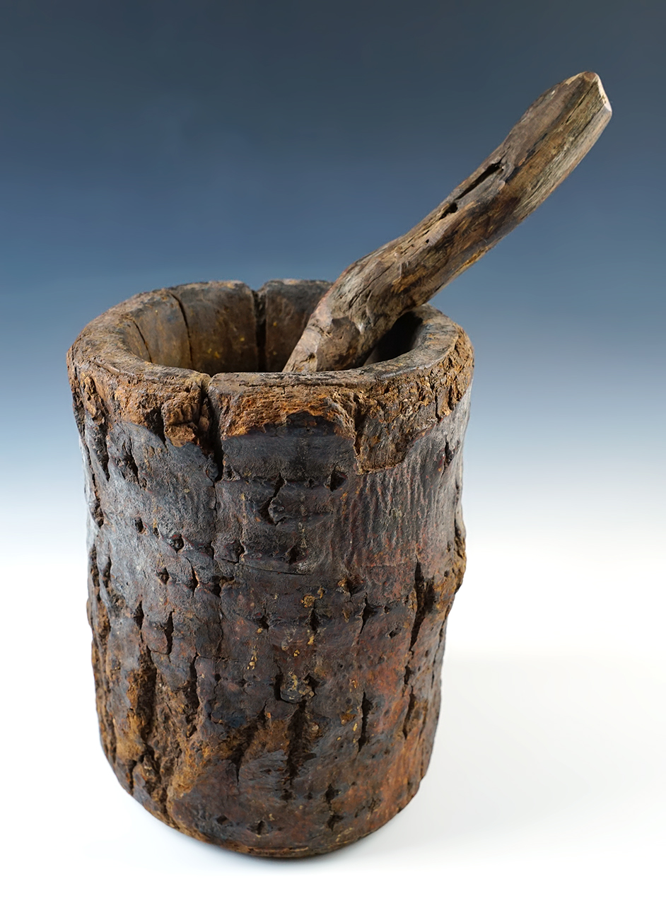 Very old 9 1/2" tall by 7" wide Hand Carved Wood Mortar with a 10" Burl Wood Pestle. New York area.