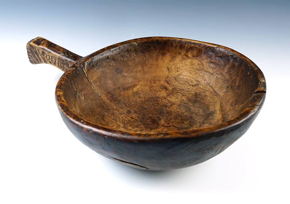 Vintage 14" long by 9 3/4" wide Hand Carved Wood Bowl with handle.  New York area. Ex. Tellfors. 