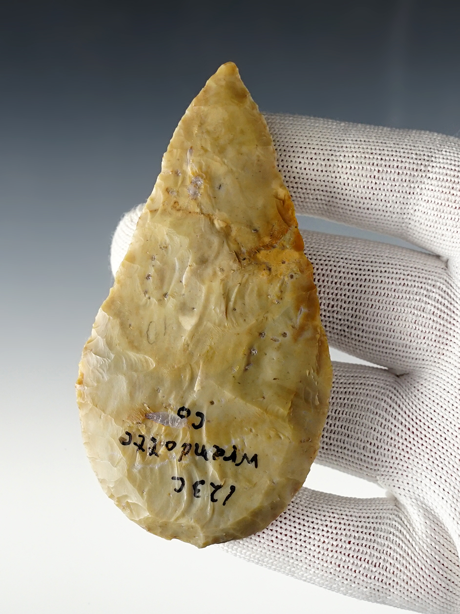 3 3/4" Adena Cache Blade found in Wyandot Co., Ohio originally sold on 3-21-1998. Ex. Meuser.