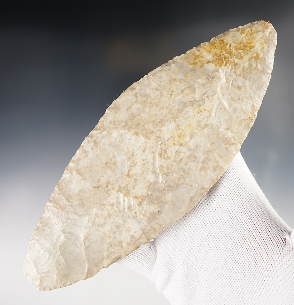 7 1/2" x 2 3/4" Plano Blade made from mottled gray flint. Found in Michigan. Bennett COA. 