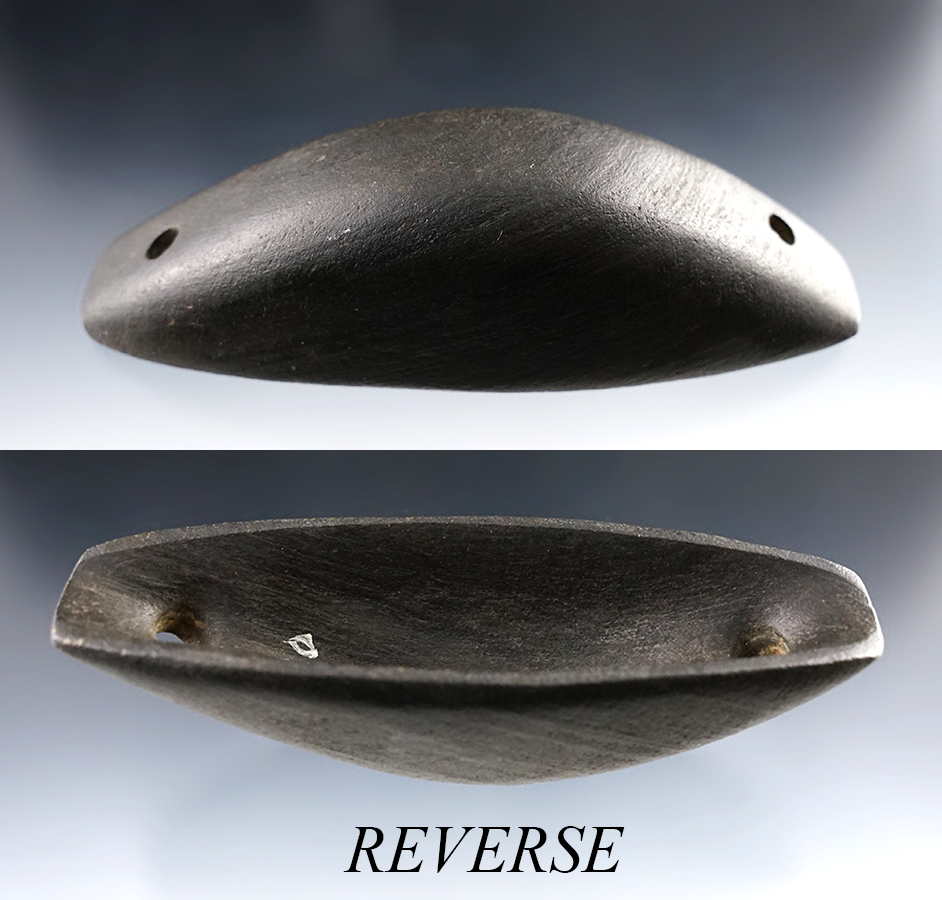 Beautifully scooped bottom on this 3 13/16" drilled Boatstone - black Banded Slate. Ohio.