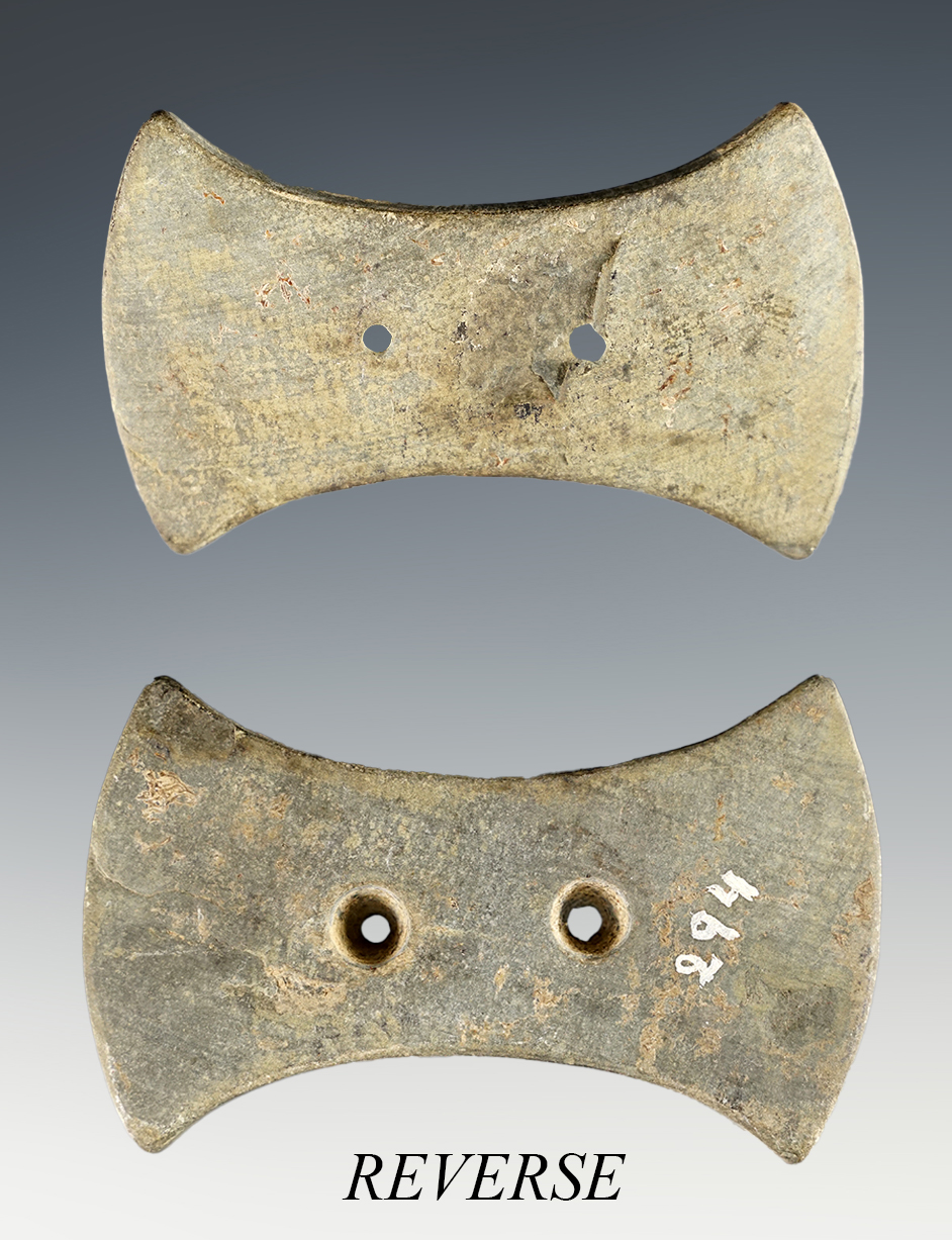 3 15/16" Bi-Concave Adena Gorget that is made from very heavily patinated Banded Slate. 