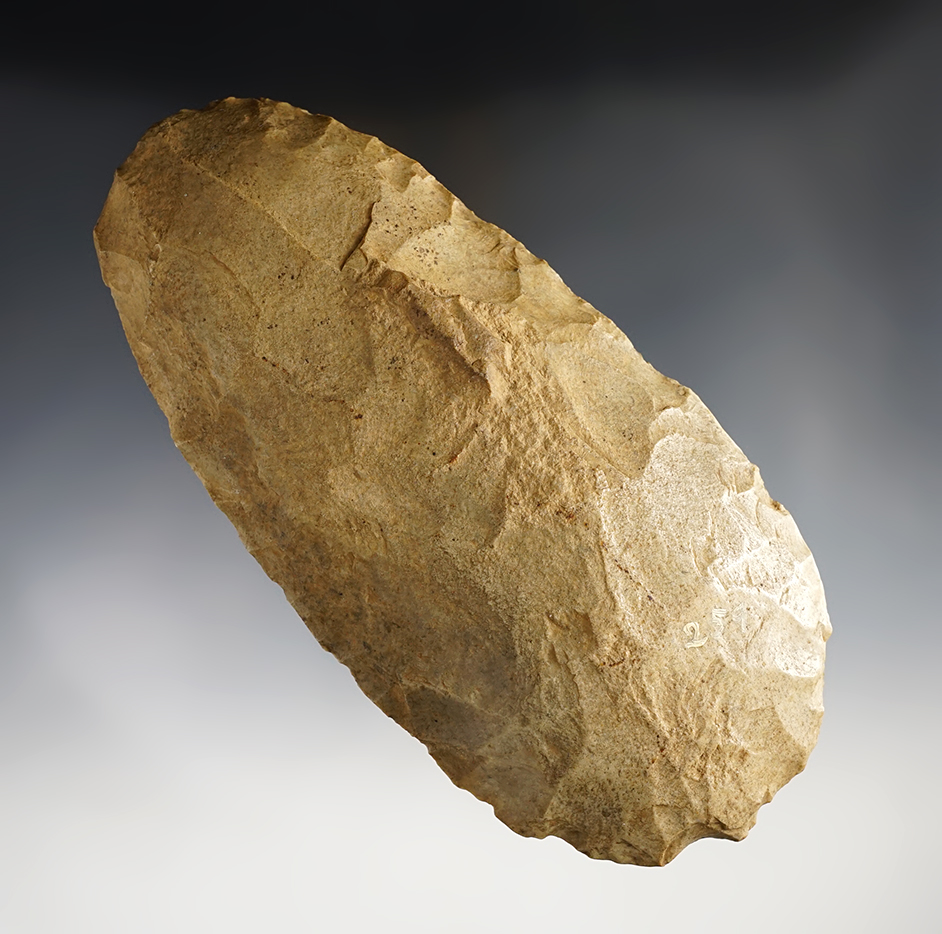 7" heavily patinated Mill Creek Chert Hoe with nice mineral deposits on surface - Indiana. 