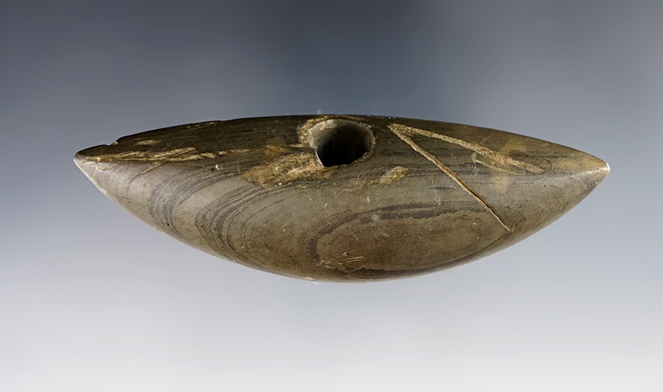  4 1/8" Pick Bannerstone made from banded Glacial Slate. Ohio. A few plow scars to surface.