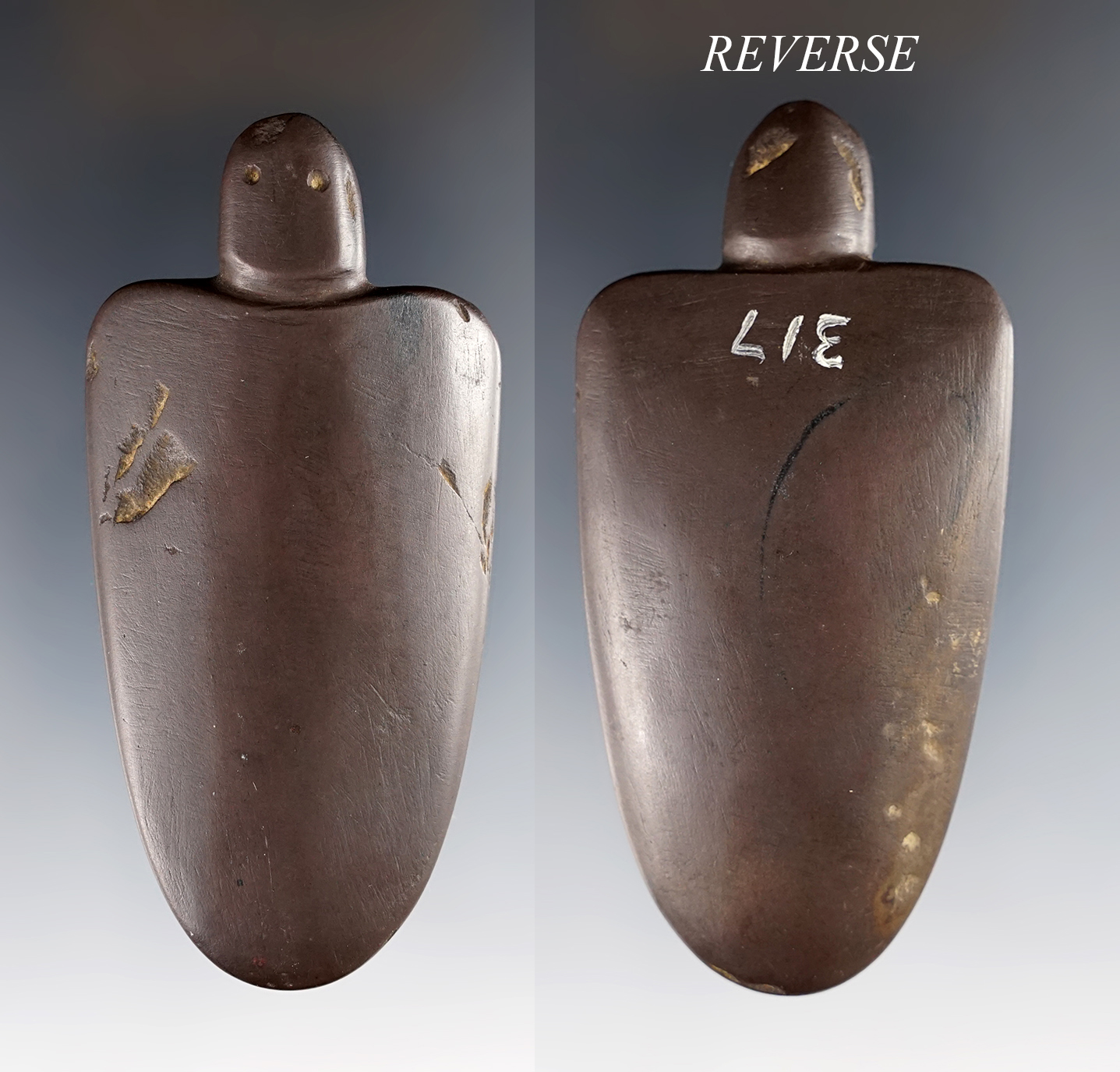 Very unique! 3 5/16" ancient animal effigy made from brown banded Glacial Slate. Ohio.