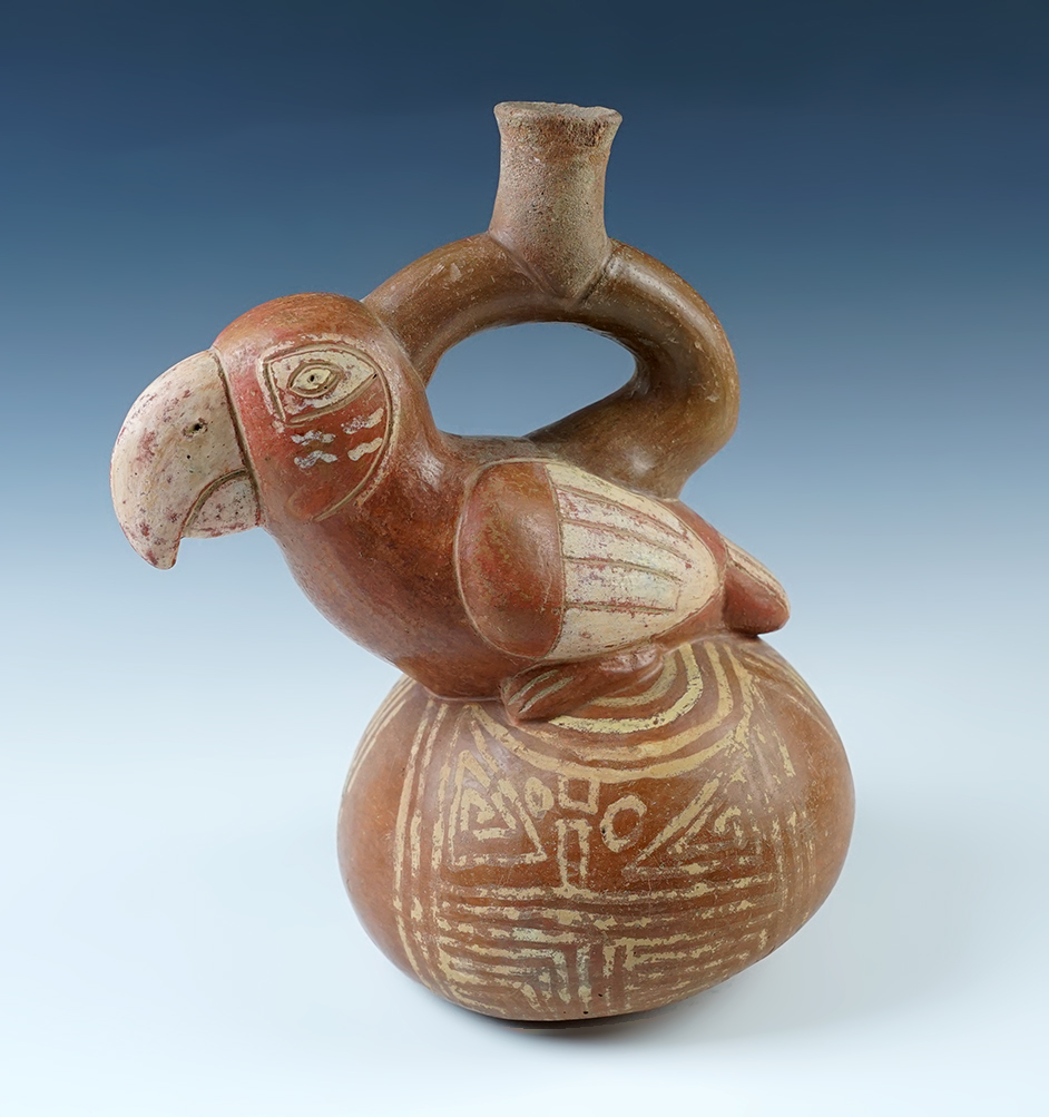 9 1/4" tall by 7 1/8" wide PreColumbian Avian Effigy Stirrup Handle Pottery Vessel - South America. 