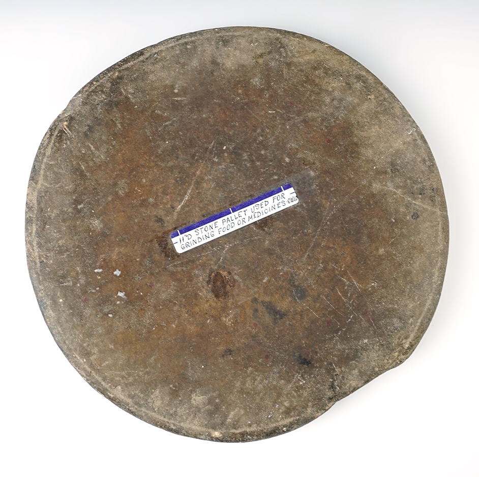 Nicely styled 11 1/4" diameter Tri-leg Stone Grinding Pallet found in Ohio. Ex. Herb Tellfors. 
