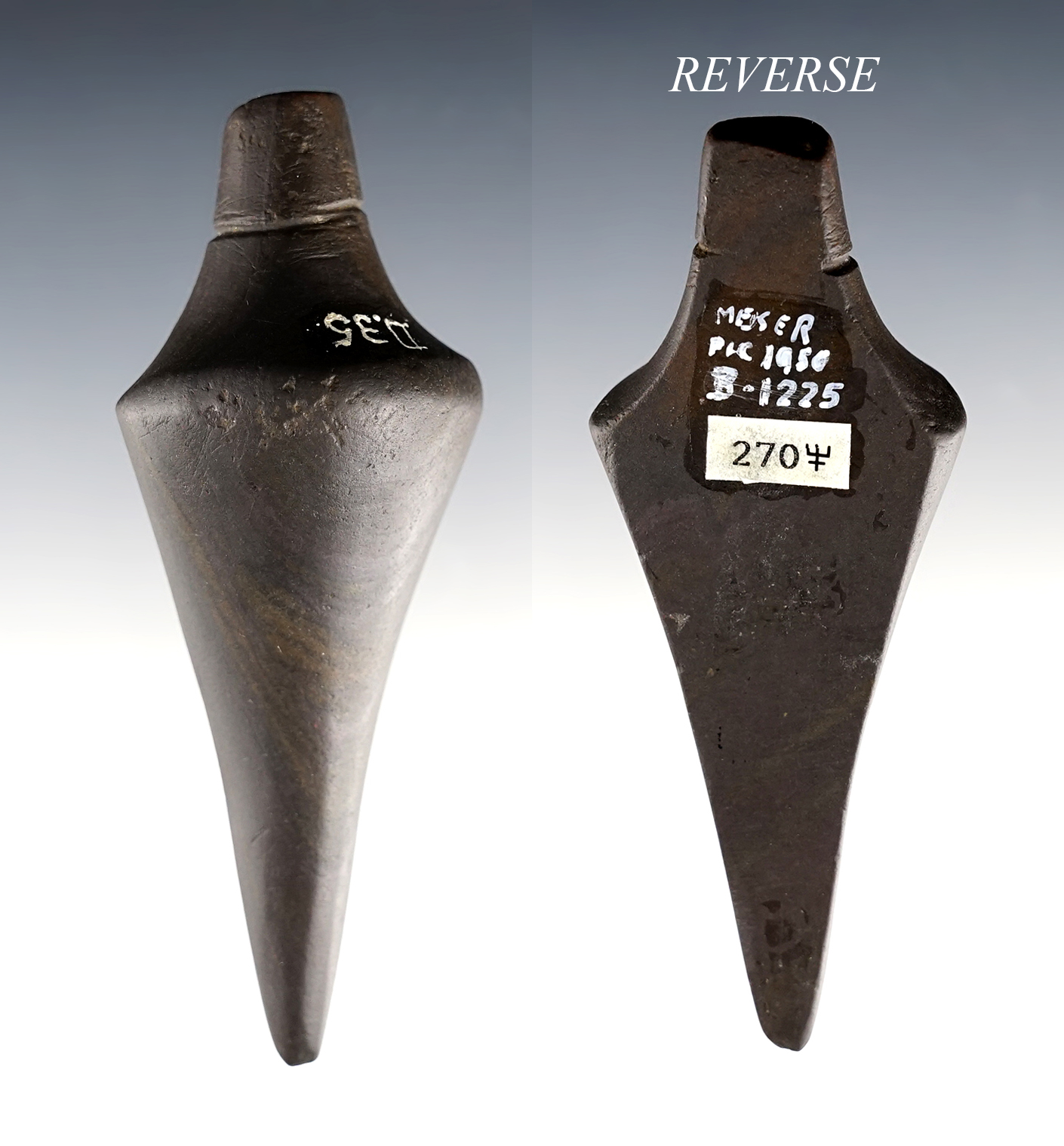 4 1/4" Classic and well made Lizard Effigy with a nice groove around the head area. Ex. Meuser.