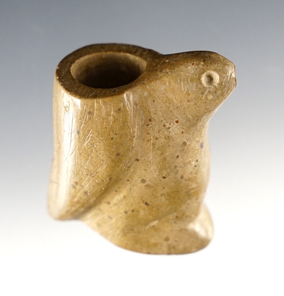 Rare 1 3/4" tall tan Pipestone Effigy Pipe depicting an Eagle. Nice form and finish. Southern Ohio.