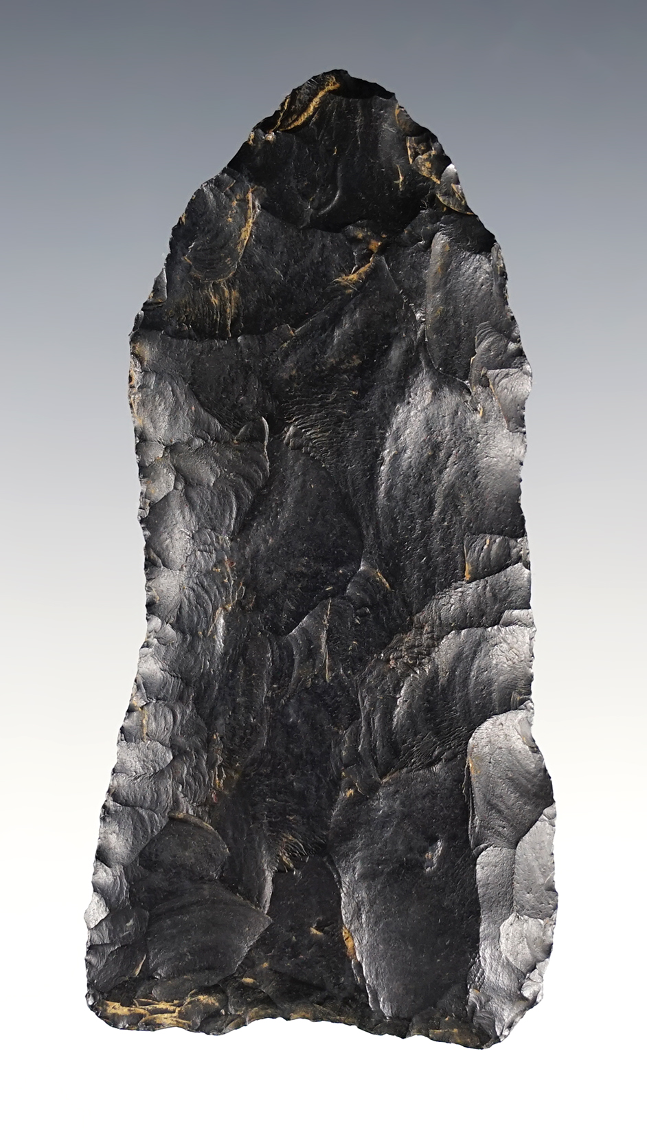 3 7/16" Paleo Knife with nice flaking. Made from black Coshocton Flint. Champaign Co., Ohio.