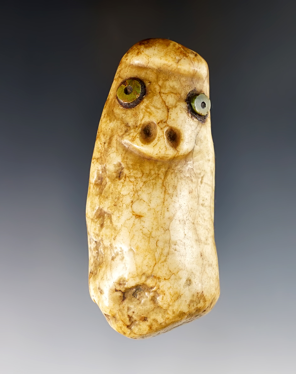Unique! 3 9/16" PreColumbian carved stone figure - Jade eyes. Mexico prior to the early 1940's. 