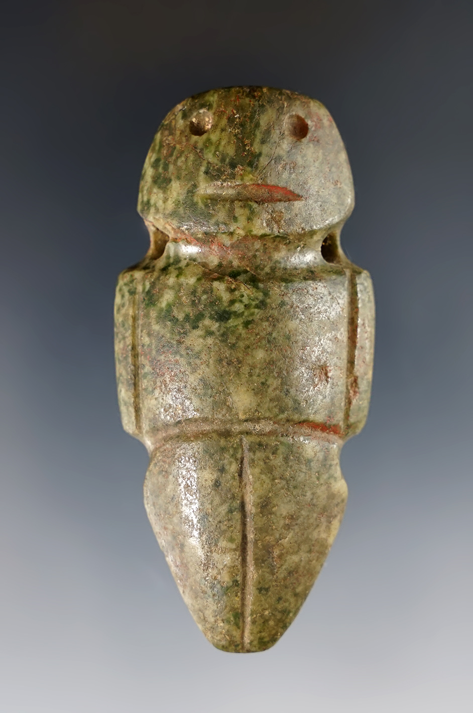 3" tall PreColumbian Serpentine Hardstone Figural Pendant. Recovered in Mesoamerica. 
