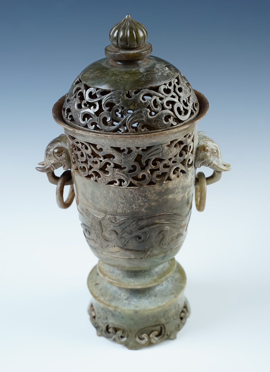 Intricate design 9" tall chalice style Jade Lidded Container with a pedestal base. Recovered in China. 