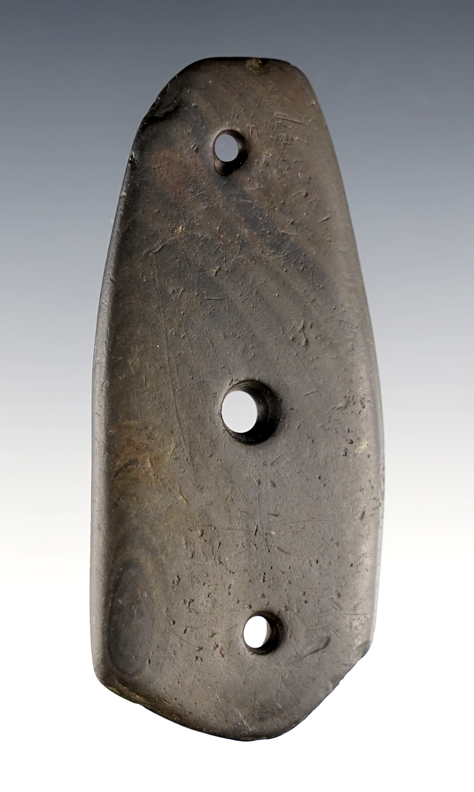 3 3/8" anciently salvaged 3-Hole Gorget made from Banded Slate. Found in Union Co., Ohio. 
