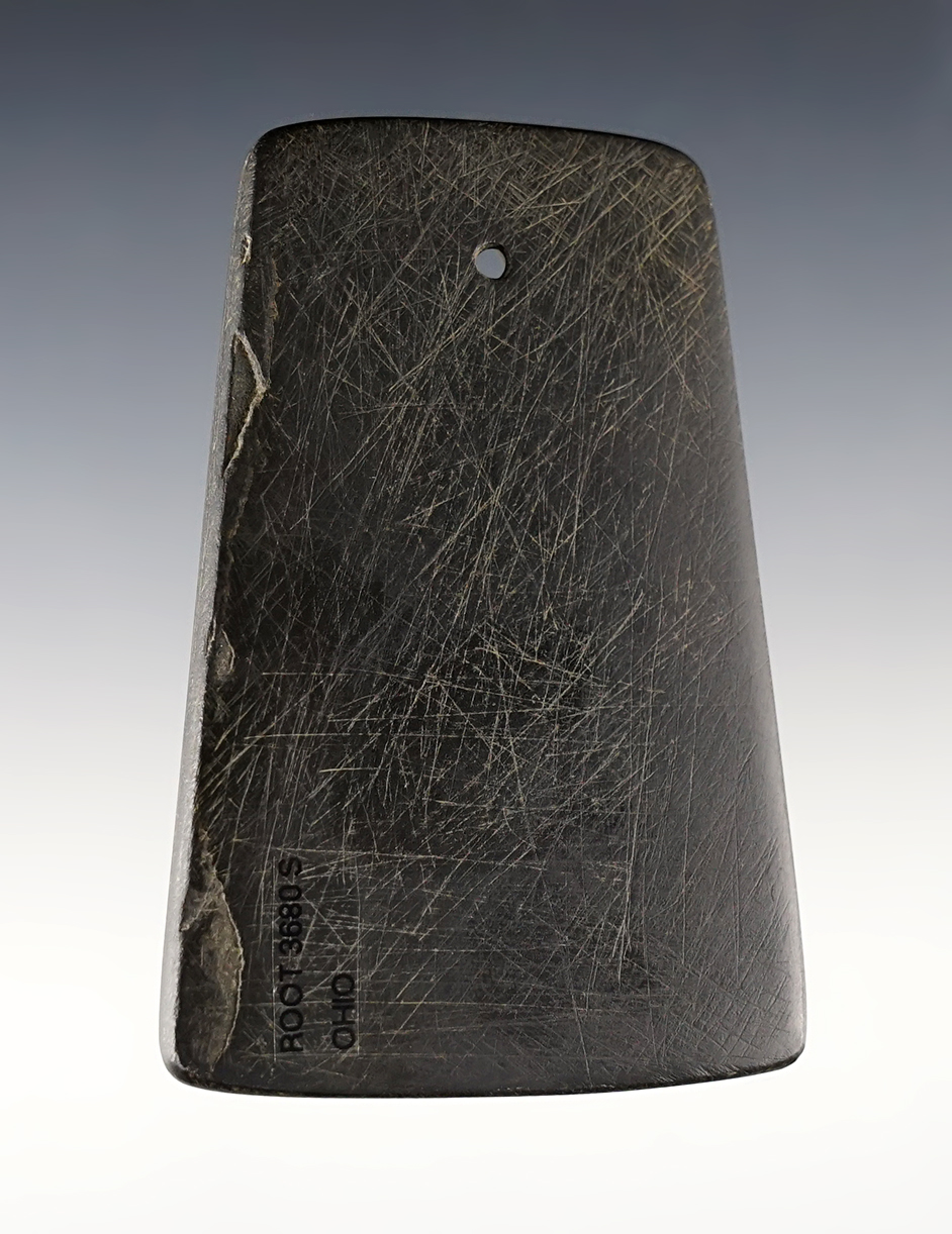 Thin 3 3/8" Hopewell Trapezoidal Pendant found in Ohio. Made from patinated black Slate. 