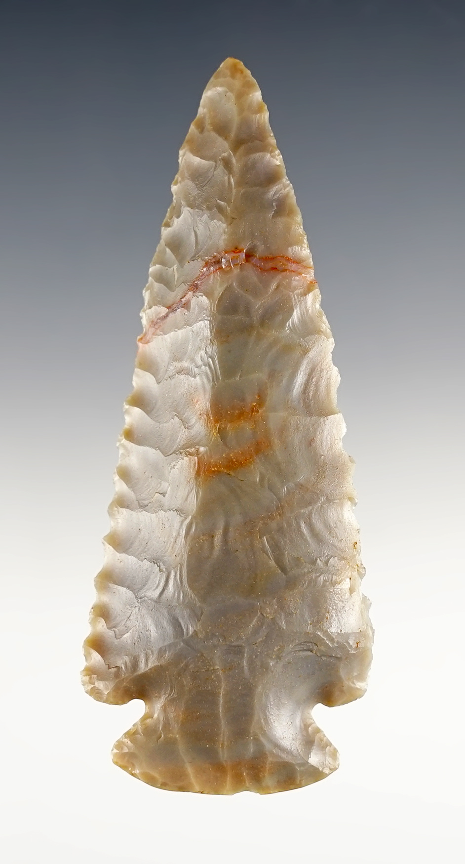Beveled and serrated 3 5/16" Dovetail - Carter Cave Flint. -Clark Co., Kentucky. Ex. Dr. Moran. 
