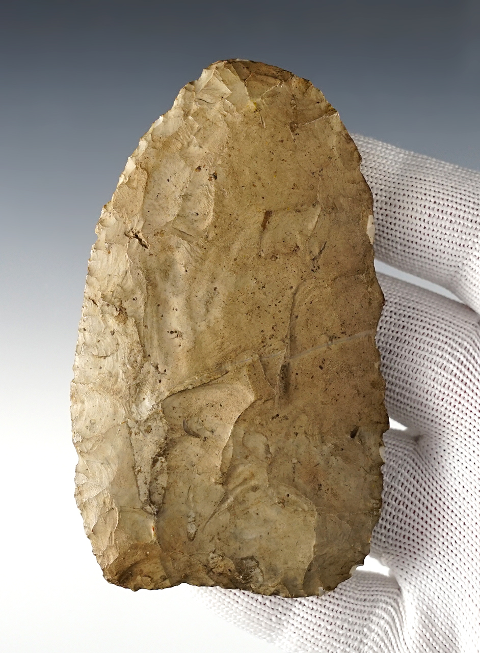 3 3/4" Ohio Paleo Knife made from heavily patinated chert. Shows excellent age on the surface. 