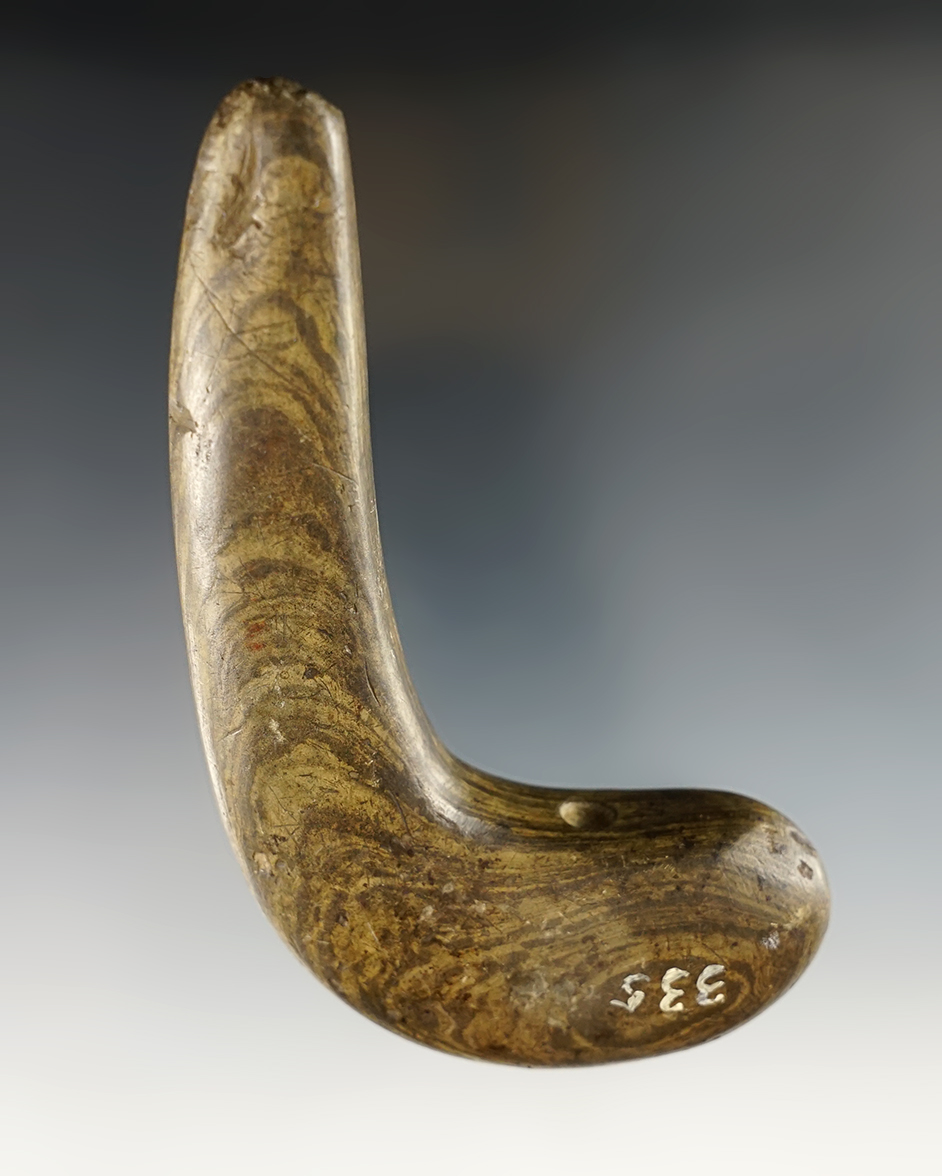 4 1/2" Geniculate Bannerstone. Drilling started on one side. Recovered in Ohio.