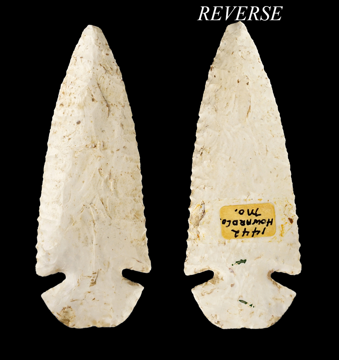 3 5/8" Dovetail with a "Hip Roof" style base. Thin and well patinated. Howard Co., Missouri.