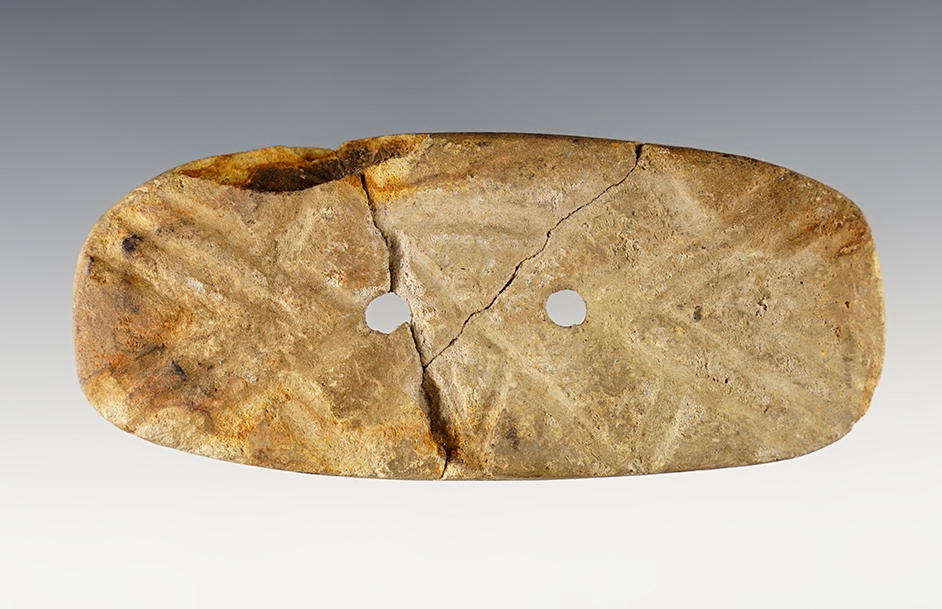 3 7/8" highly engraved Sandstone Gorget - glued in several spots. Todd Co., Kentucky. 