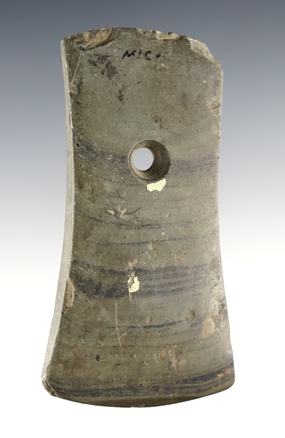 3 3/4" Bell Pendant made from well patinated Banded Slate. Found in Michigan. Ex. Owen Davis.