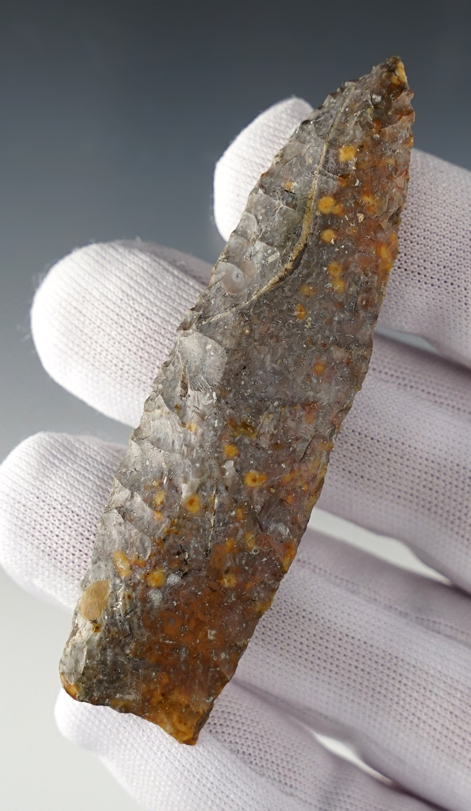 3 3/16" Angostura made from colorful Chert. Found in Canton, Texas. Ex. Tom Davis.